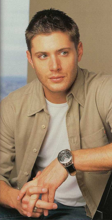 Jensen Ackles in beige shirt