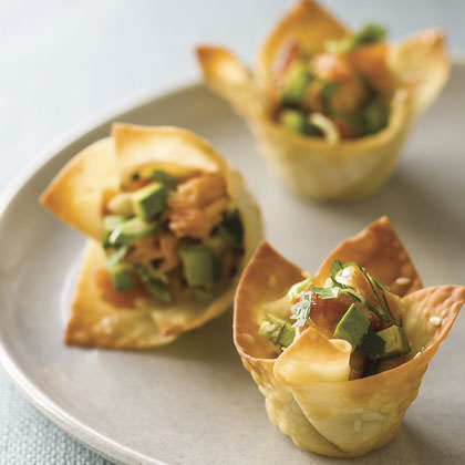 Wonton cups with avocado and smoked salmon