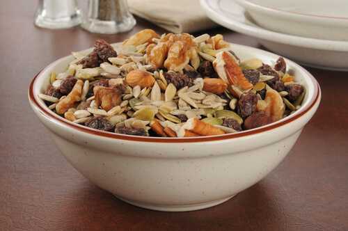 Trail mix with raisins, almonds, pumpkin seeds, Brazil nuts and dark chocolate chips