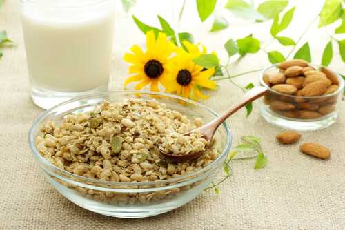 Whole-grain cereal with almond milk and berries