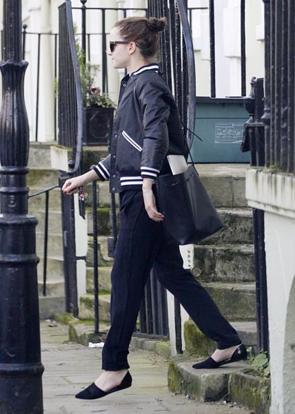 Letterman Jacket, Black Loose-Fitting Trousers, Slip-Ons