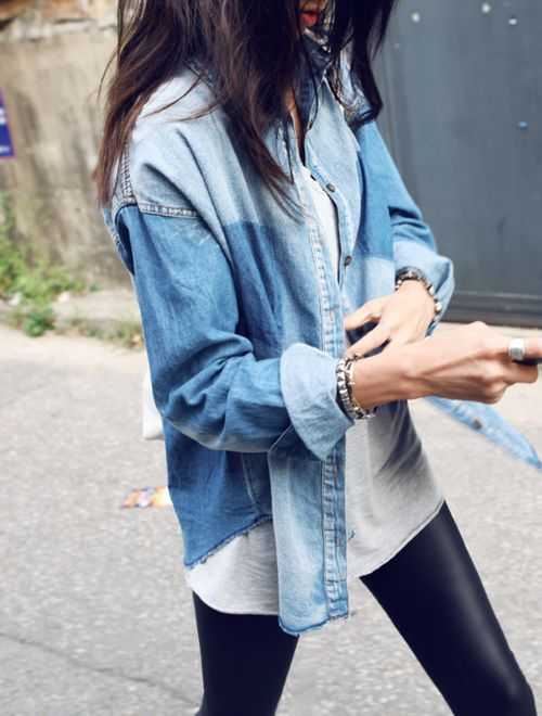 Leggings and a denim shirt