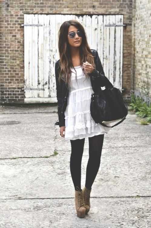 White summer dress and black leggings