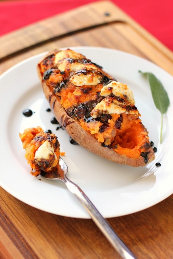 Twice Baked Cranberry and Pancetta Sweet Potato with Balsamic Glaze