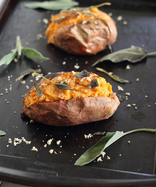 Twice Baked Sweet Potatoes with Cinnamon Cashew Cream