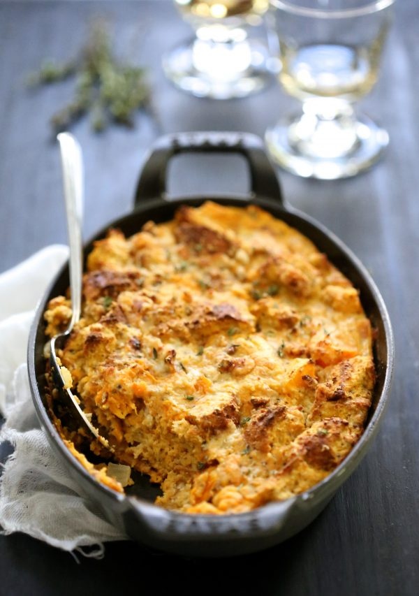 pumpkin butternut squash and gorgonzola bread pudding