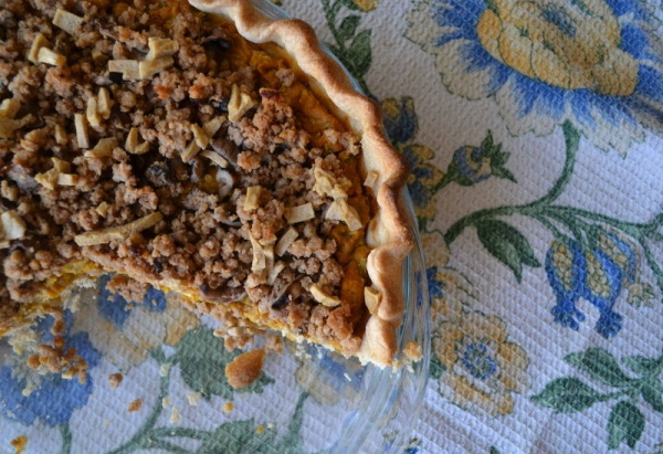 savory vegan pumpkin pie with shitake mushroom streusel