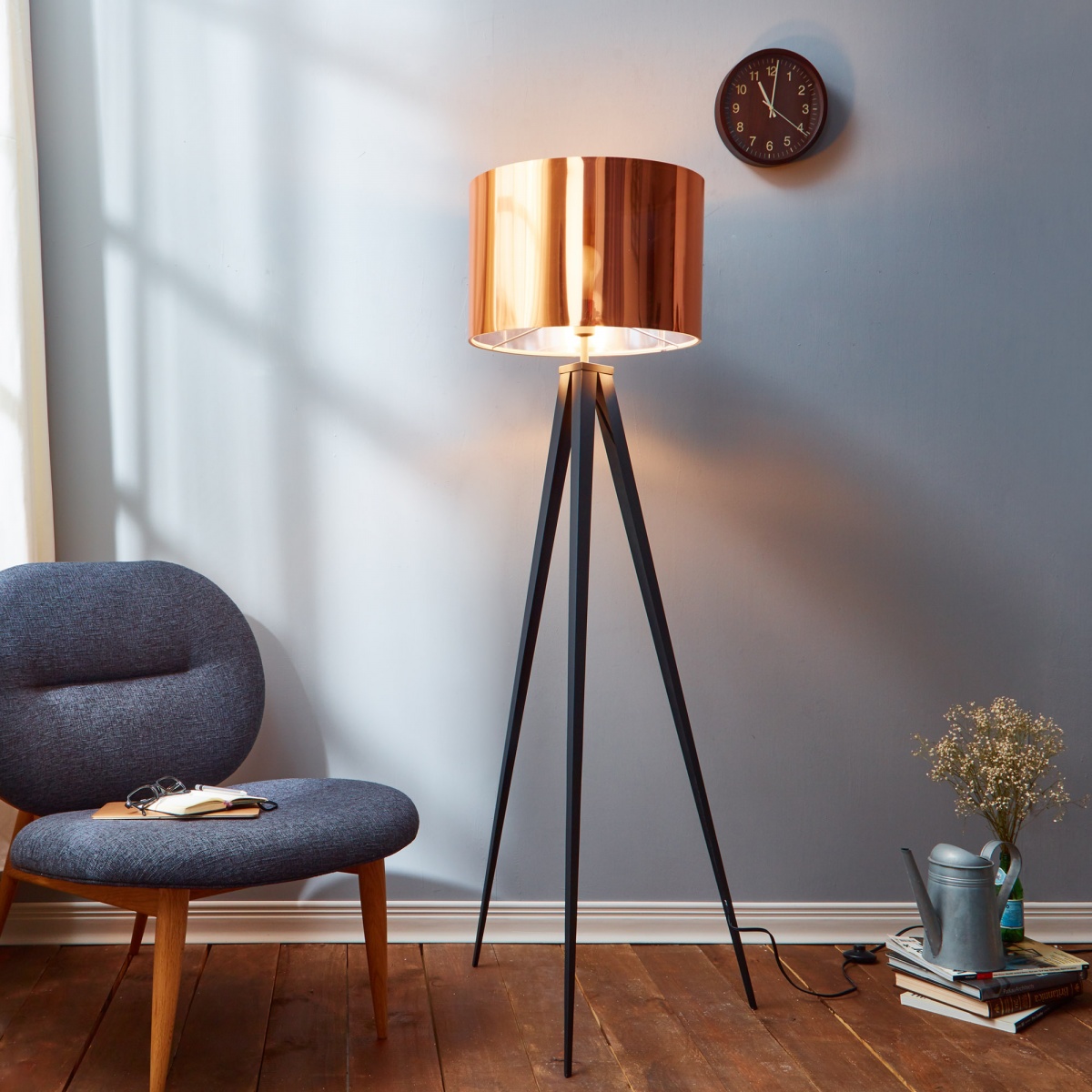 A copper shaded lamp