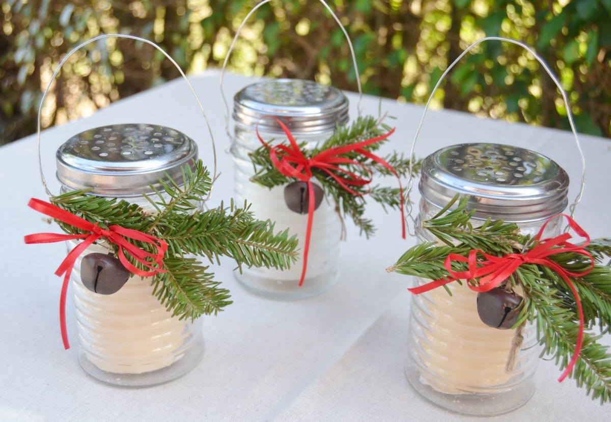 Christmas luminaries made out of cheese shakers