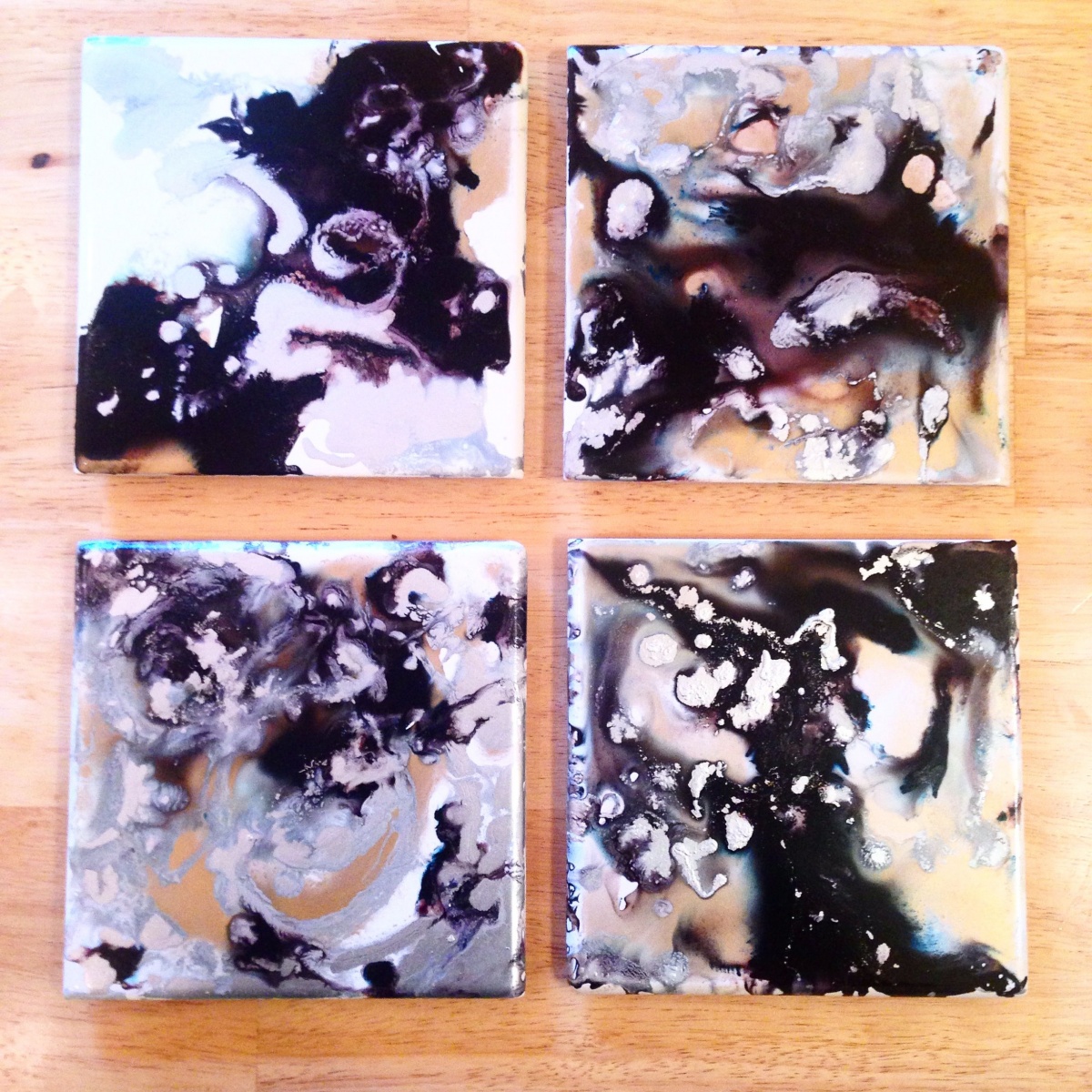 Colorful paint-blob tile coasters