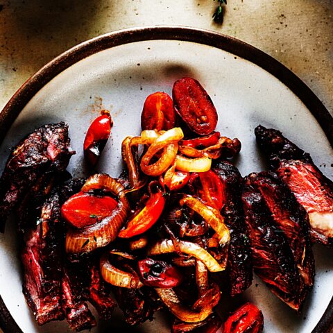 Meal photo - Grilled Garlic and Thyme Strip Steaks with Seared Onions and Tomatoes