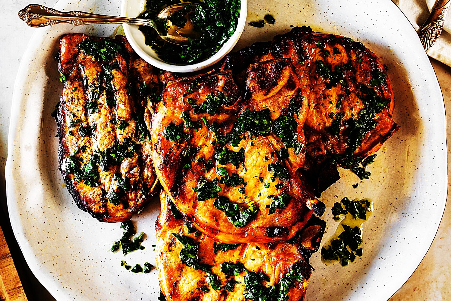 Meal photo - Grilled Orange and Smoked Paprika Brined Pork Chops with Basil Chimichurri