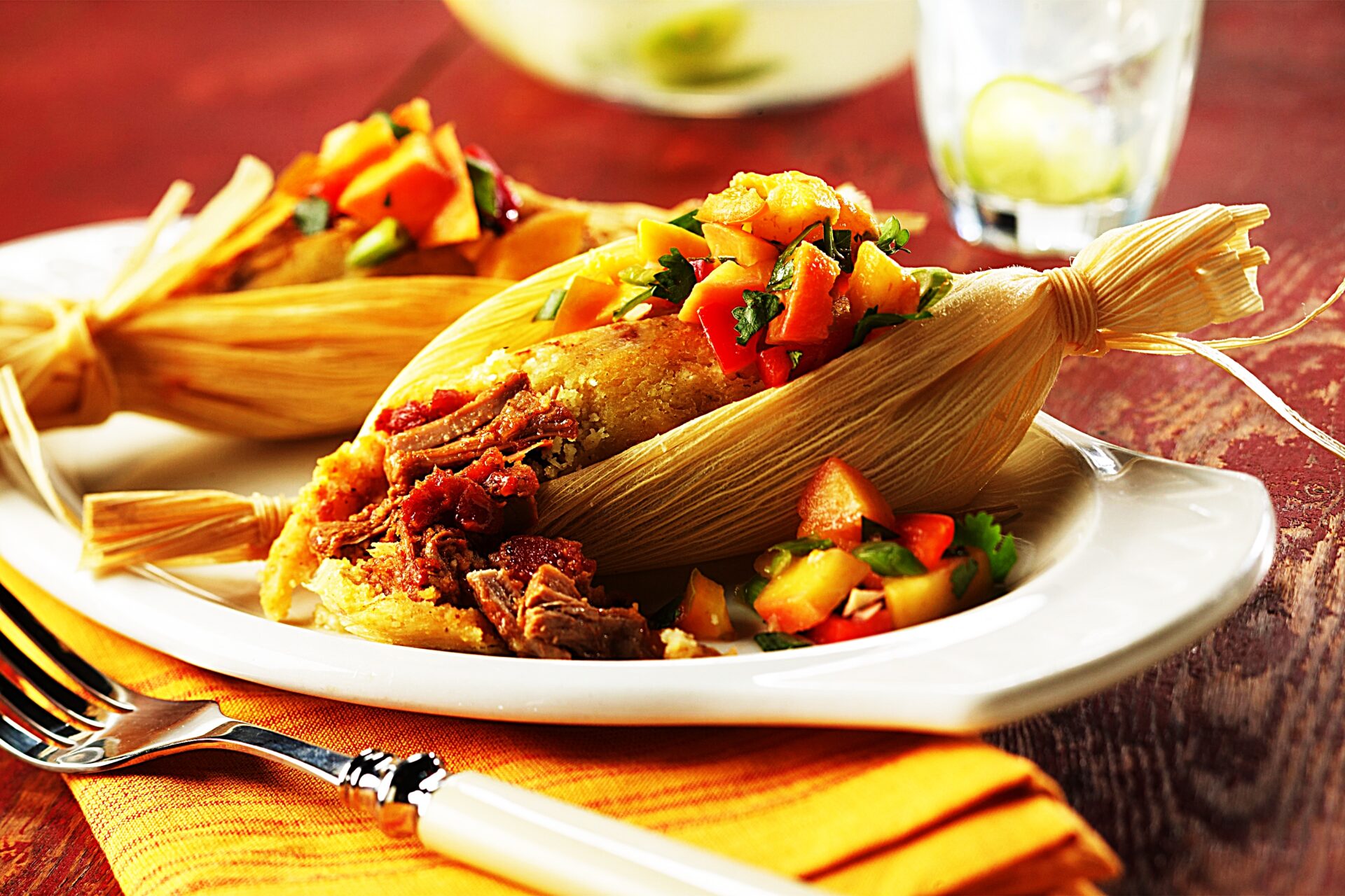 Meal photo - Tamale with Spanish Braised Pork Shank and White Peach Salsa