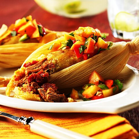 Meal photo - Tamale with Spanish Braised Pork Shank and White Peach Salsa