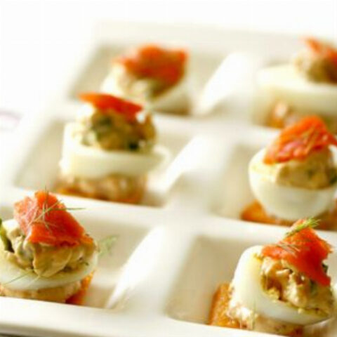 Mustard Deviled Quail Eggs with Smoked Salmon (Oeuf Mimosa Recipe)