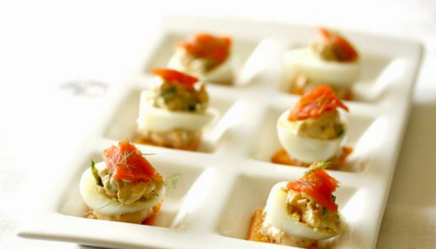 Mustard Deviled Quail Eggs with Smoked Salmon (Oeuf Mimosa Recipe)