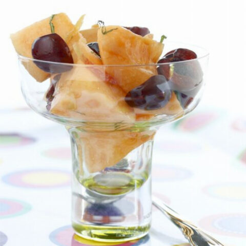 Cantaloupe and Cherry Fruit Salad with Maple Ginger Syrup