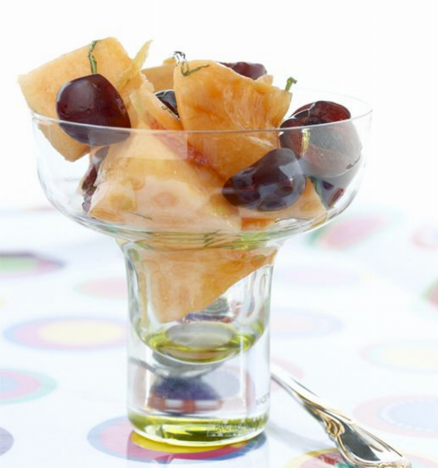 Cantaloupe and Cherry Fruit Salad with Maple Ginger Syrup