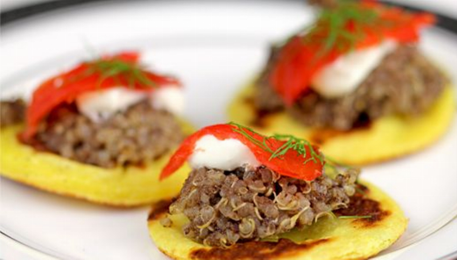 Potato Blini with Quinoa and Smoked Salmon