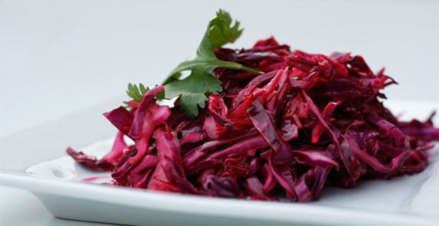 Red Cabbage Salad with Poppy Seed and Caramelized Onion Vinaigrette