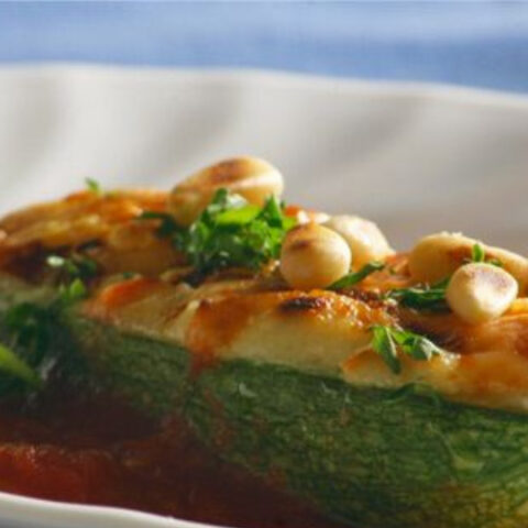 Goat Ricotta Cheese and Pine Nut Stuffed Baby Zucchini