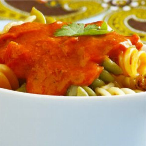 Tri-Color Fusilli Pasta with Mascarpone Tomato Sauce