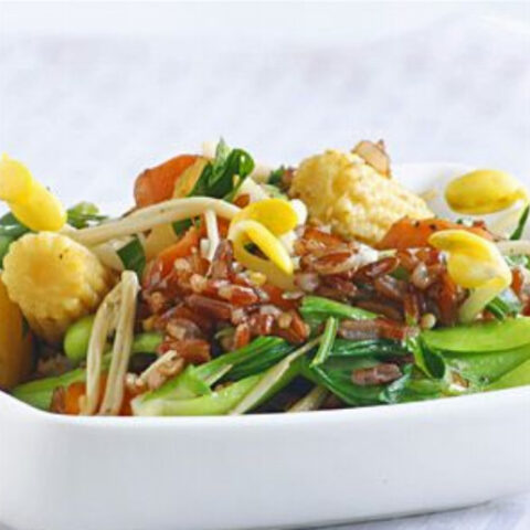 Asian-Style Red Rice with Mixed Vegetables Stir-Fry