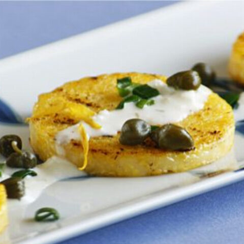 Grilled Polenta with a Creamy Lemon Caper Goat Ricotta Cheese Sauce