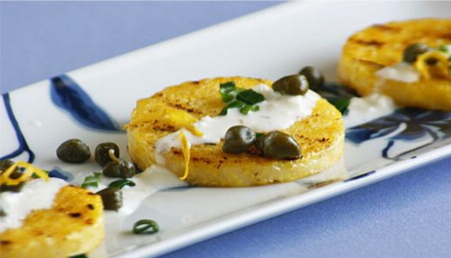 Grilled Polenta with a Creamy Lemon Caper Goat Ricotta Cheese Sauce