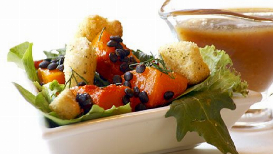 Maple Roasted Butternut Squash Salad with Beluga Lentils and Sage-Flavored Croutons