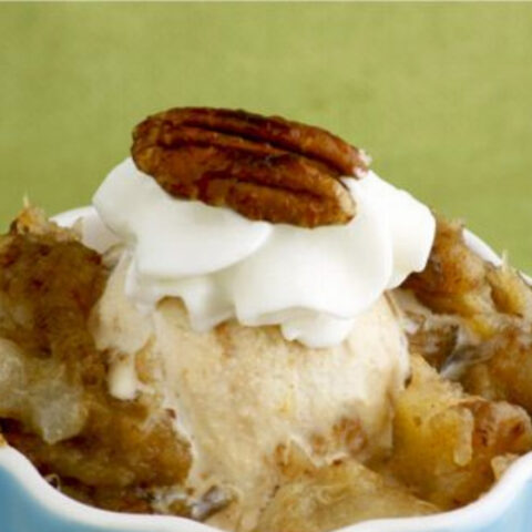 Dulce de Leche Ice Cream with Date and Pear Compote and Candied Pecans