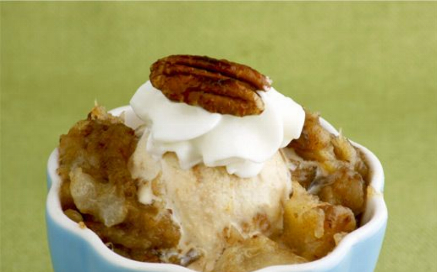 Dulce de Leche Ice Cream with Date and Pear Compote and Candied Pecans