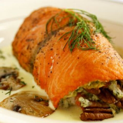 Spinach and Pecan Stuffed Salmon Fillet with Hollandaise Sauce