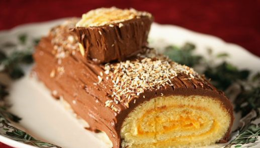 Mango and Coconut Yule Log Cake (Buche de Noel)