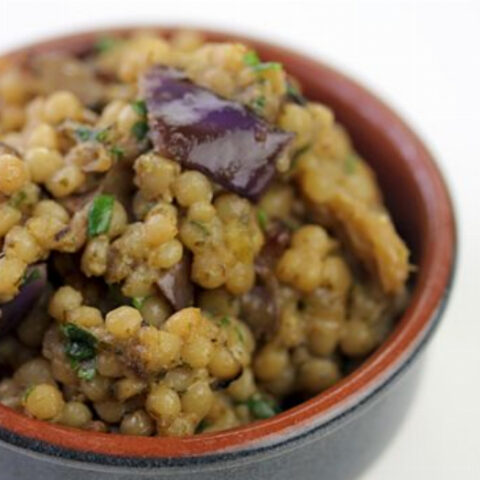 Eggplant Israeli Couscous with Pistachio Pesto