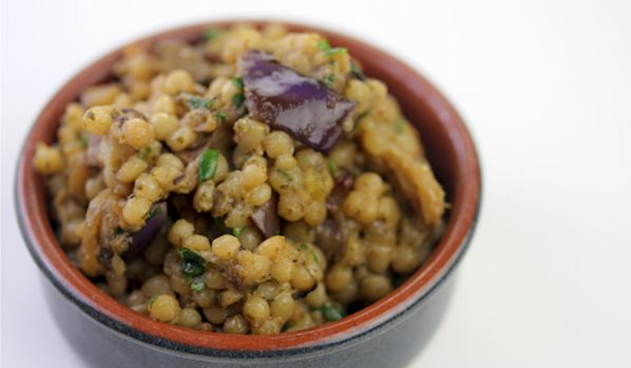 Eggplant Israeli Couscous with Pistachio Pesto