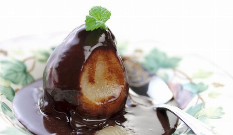 Poached Pears in Chocolate Sauce