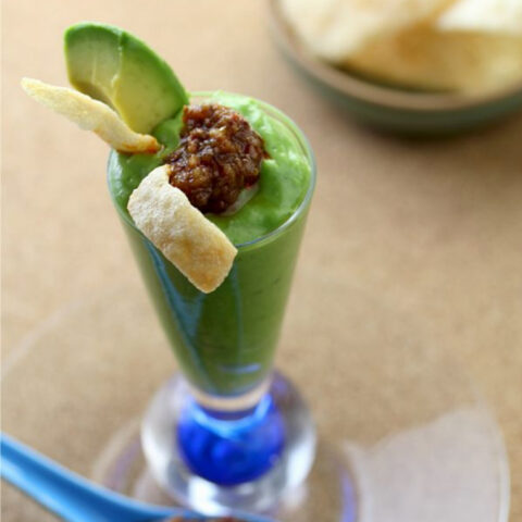 Spinach Avocado Soup with Shrimp Chips