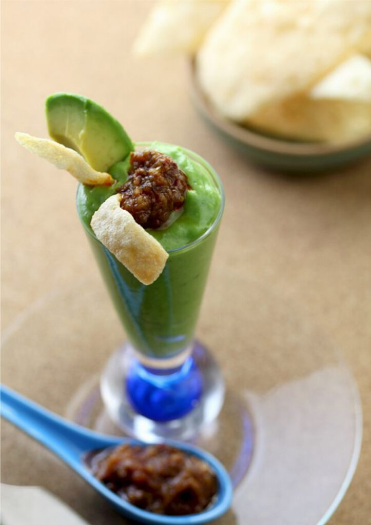 Spinach Avocado Soup with Shrimp Chips