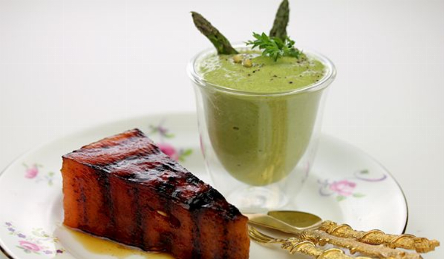 Cold Asparagus Soup with Grilled Watermelon