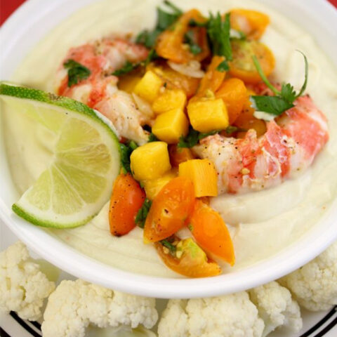 Cauliflower Cold Soup with Grilled Shrimp