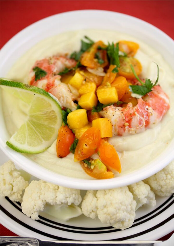 Cauliflower Cold Soup with Grilled Shrimp