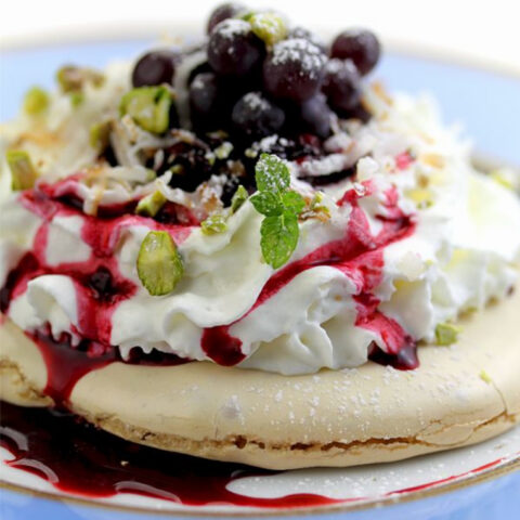 Mulberry Pavlova with Black Corinth Grapes