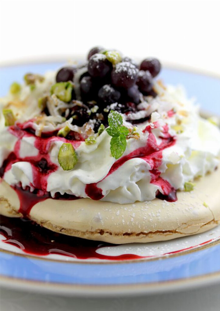 Mulberry Pavlova with Black Corinth Grapes