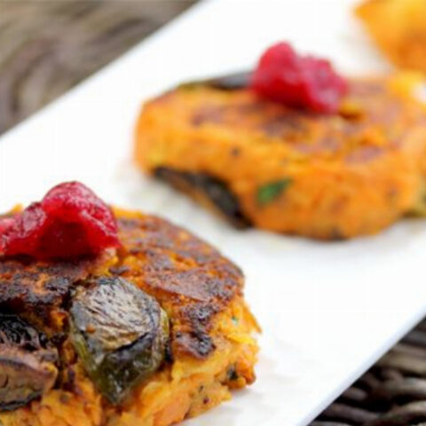 Yam Burgers with Roasted Brussels Sprouts