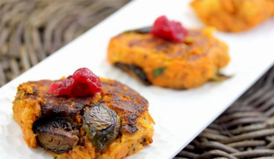 Yam Burgers with Roasted Brussels Sprouts