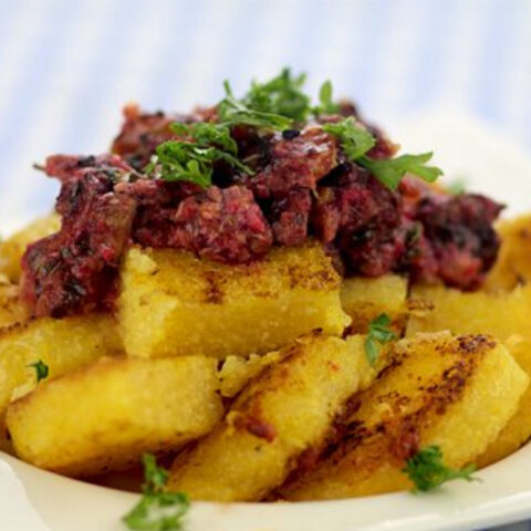 Fried Polenta with Raw Beet Sauce