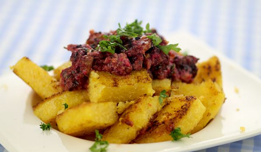 Fried Polenta with Raw Beet Sauce