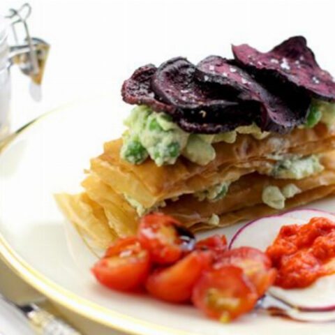 Beet Napoleon with Green Peas and Ricotta Cheese (Mille-Feuille de Betterave et Petits Pois)