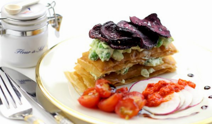 Beet Napoleon with Green Peas and Ricotta Cheese (Mille-Feuille de Betterave et Petits Pois)